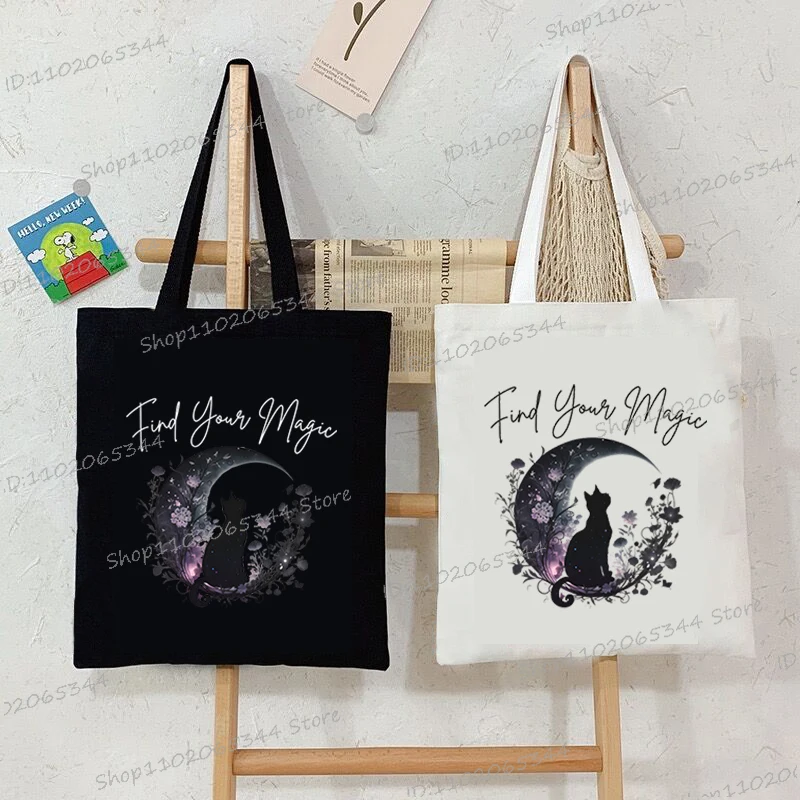 1pc Find Your Magic Cat and Moon Print Women's Handbag Vintage Sun Moon Series Canvas Shopping Bags Student Fashion Shoulder Bag