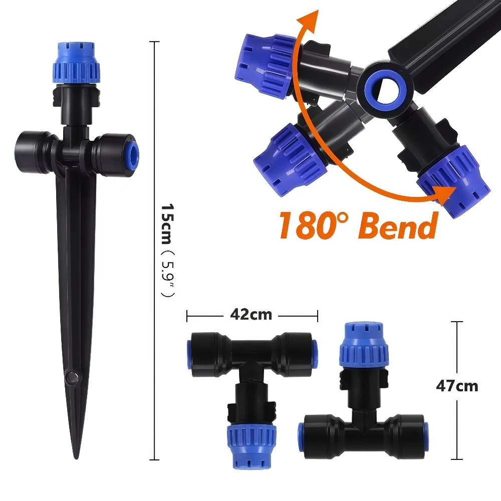Garden 1/4 inch 8 holes Tee Sprinkler with Support 6mm Quick Connector 360 Degree Adjustable Dripper Sprayer for Lawn Pots Needs