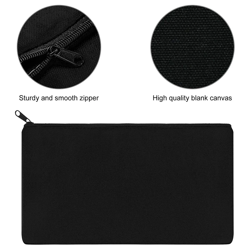 Bolsa de lona con cremallera para 20 piezas, bolso de lona para maquillaje, estuche para lápices, bolsas de manualidades DIY en blanco para viaje, Escuela de manualidades DIY, negro