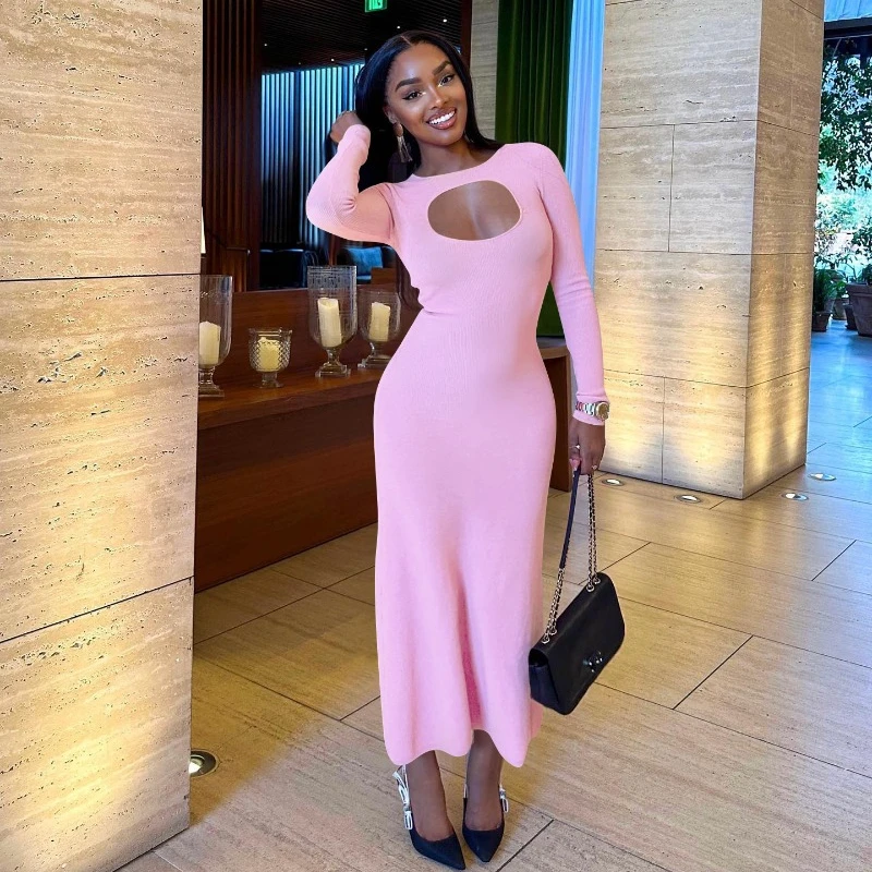 

Solid Hollow Out Ribbed Long Dress 2023 Fall Winter Women O Neck Full Sleeve Slim Bodycon Casual Maxi Dresses Streetwear Outfits