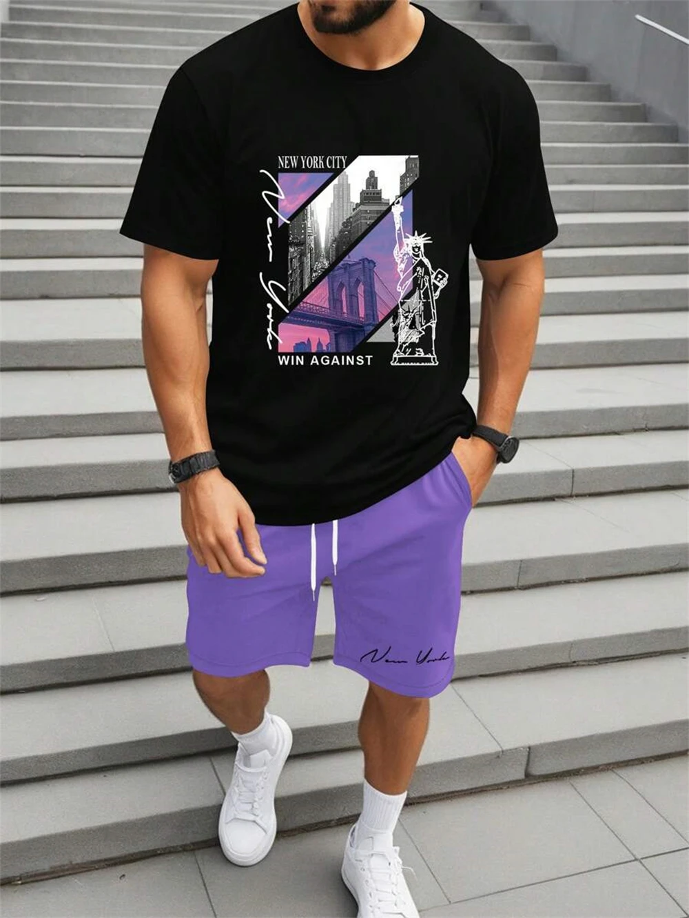 Men's Summer Two-piece Personalized Street Building Printed T-shirt Casual Outdoor Short Sleeve Shorts Men's Summer Wear