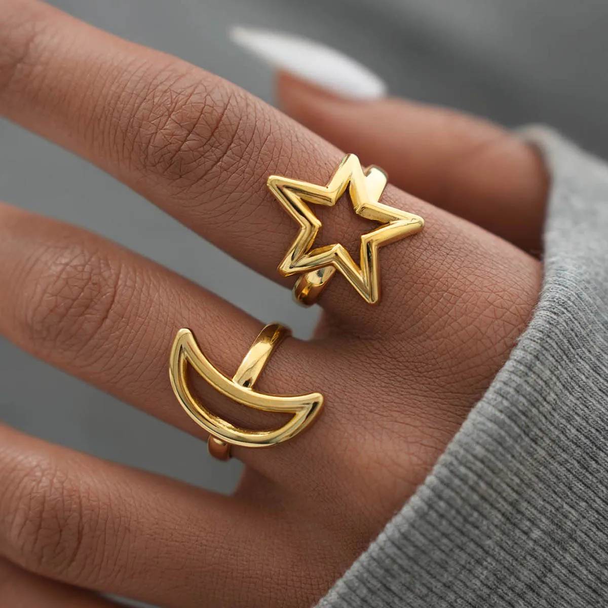 Stainless Steel Star and Moon Combination Series Adjustable Opening Rings 18k Gold PVD Plated Waterproof Jewelry  For Women