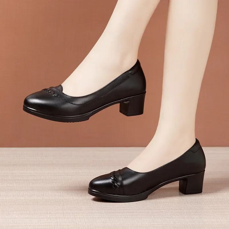 4cm Elegant Comfortable Med Block Heels Shoes Women Pumps 2024 Fall Soft Leather Platform Shoes for Office Work Mom Court