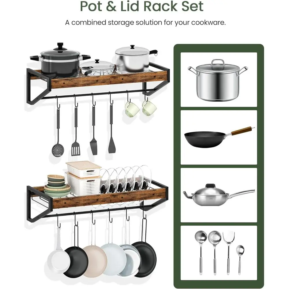 منظمو رف بغطاء وعاء مزدوج مع 12 خطافًا، بني ريفي وأسود، حل تخزين المطبخ للأواني والمقالي #5