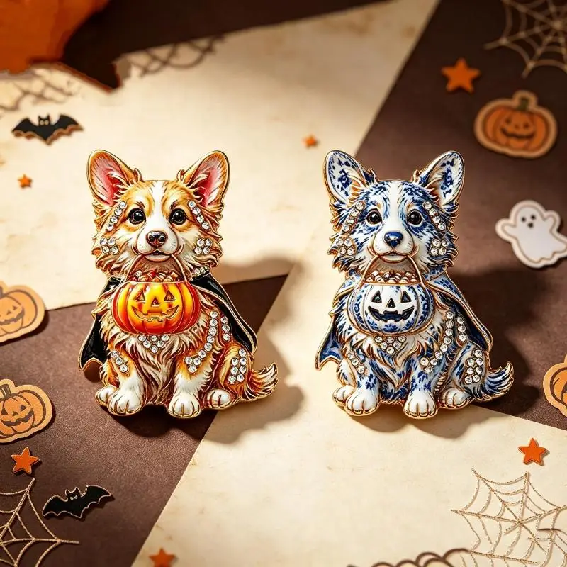 Halloween Corgi Dog Brooch Sparkly Rhinestone Vivid Enamel Cute Lapel Pin for Costume Party Dog Lovers Gift