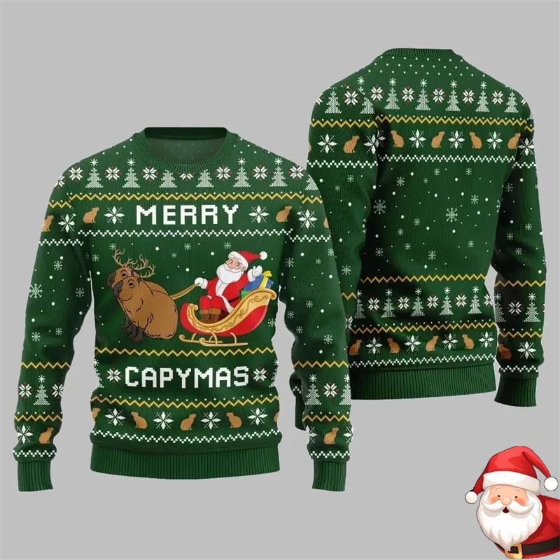 متعة ميلاد سعيد Capymas البلوز للرجال سانتا كلوز وكابيبارا طباعة تصميم س الرقبة عيد الميلاد البلوز سترة قبيحة 2026 السنة الجديدة #1