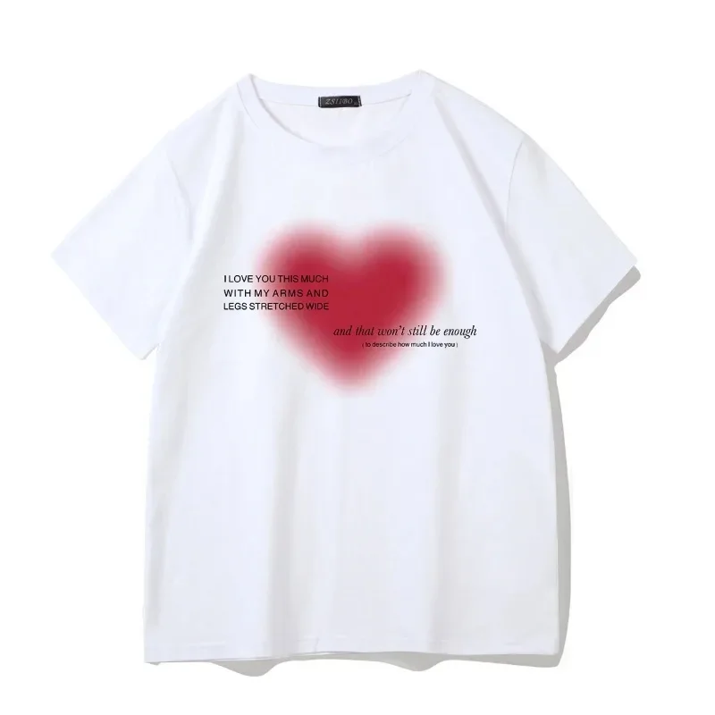 Kawaii Women T-shirt Harajuku Sweet Heart Print Y2k Anime Letter Tops Summer Short Sleeves Ins Tees Aesthetic Female Clothing