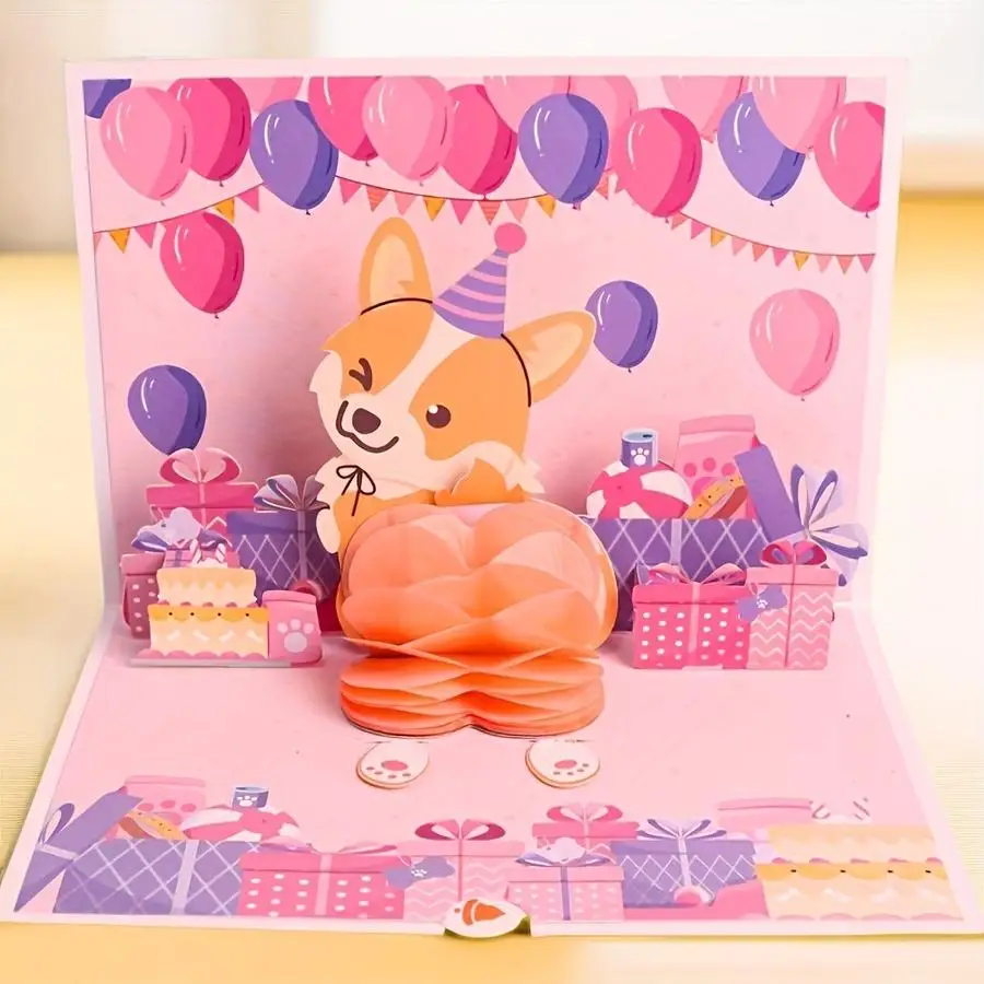 1/5/10/20/50/100pcs [Party Invitations]Adorable Corgi Dog Birthday 3D Pop-Up Greeting Card - Handmade Paper Carving, Vibrant Pin