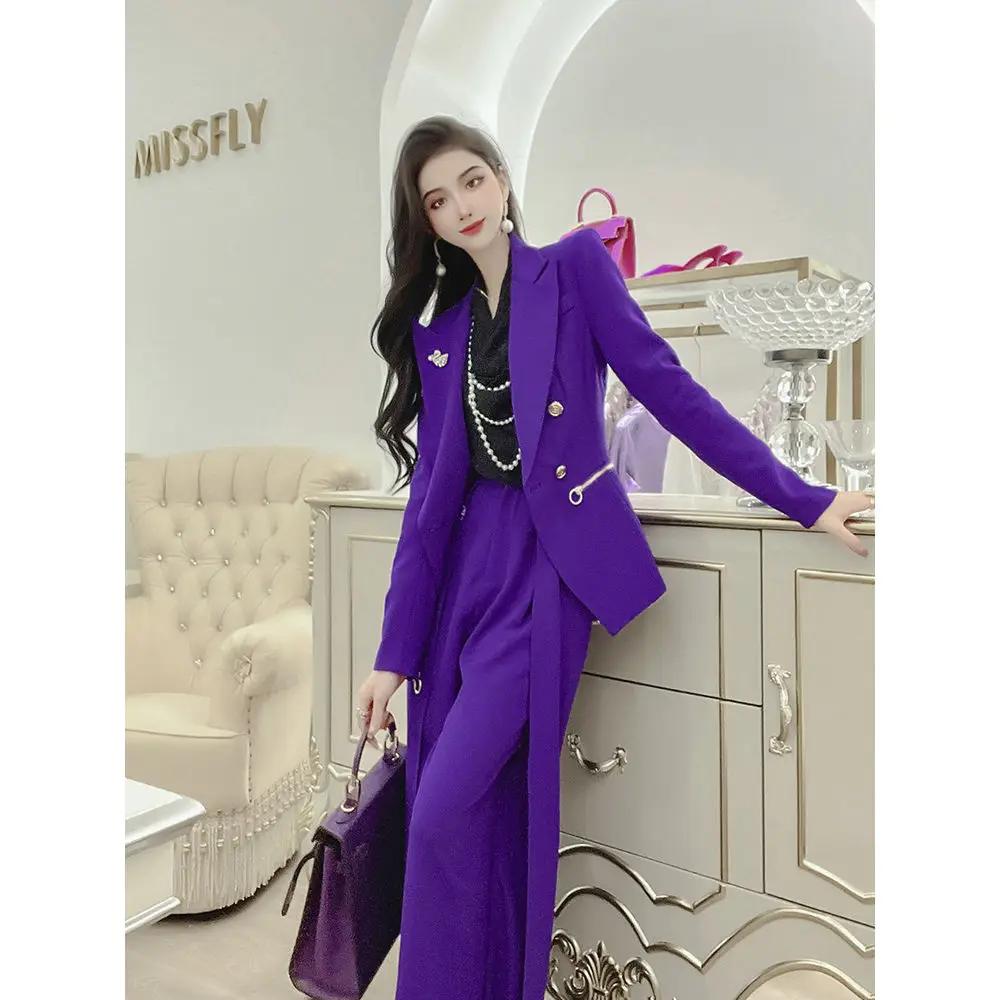 Women\'s Fashion Purple Color Blazer Set 2024 Spring Autumn Double Breasted Two Pieces Suits Elegant Ladies Blazer Coat +Trousers