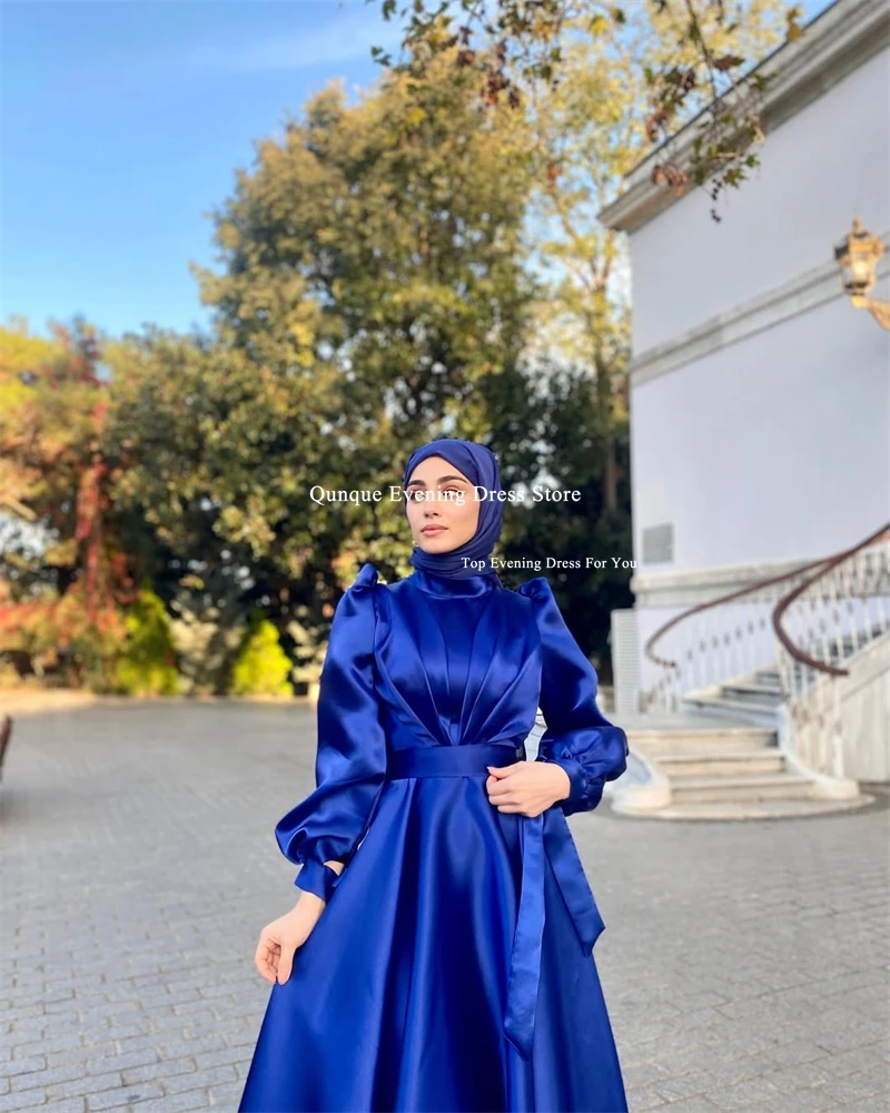 Qunque bleu royal robes de soirée musulmanes col haut a-ligne manches longues bouffantes robe de bal formelle robes de soirée de demoiselle d'honneur personnalisées
