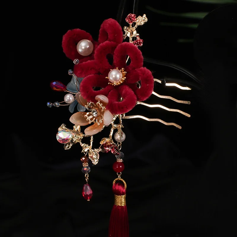 신부 머리 장식 중국 스타일 Xiuhe 정장 술 머리 걸쇠 벨벳 꽃 클래식 Updo Cheongsam 의상 헤어 액세서리
