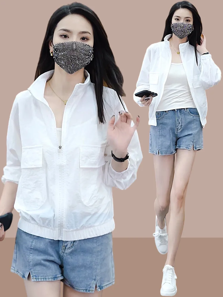 

Women's Summer New Loose Stand Collar Ice Silk Quick Dry Lightweight Breathable Sun Protection Short Outerwear Coat
