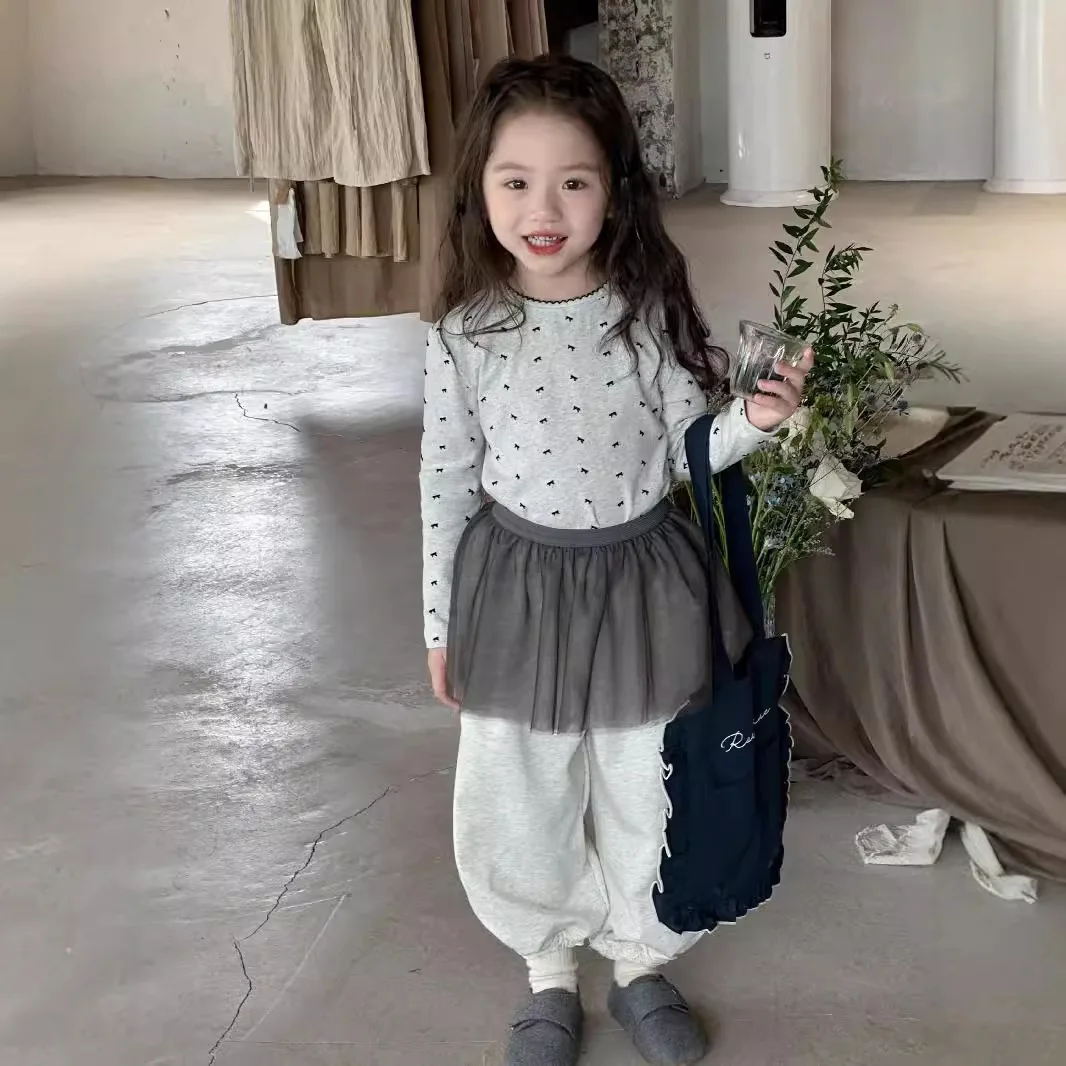 Children Bow Printed Top Solid Pants Set 2024 Autumn New Fashion Pullover Top Casual Pants Guaze Fart Curtain Three Piece Set