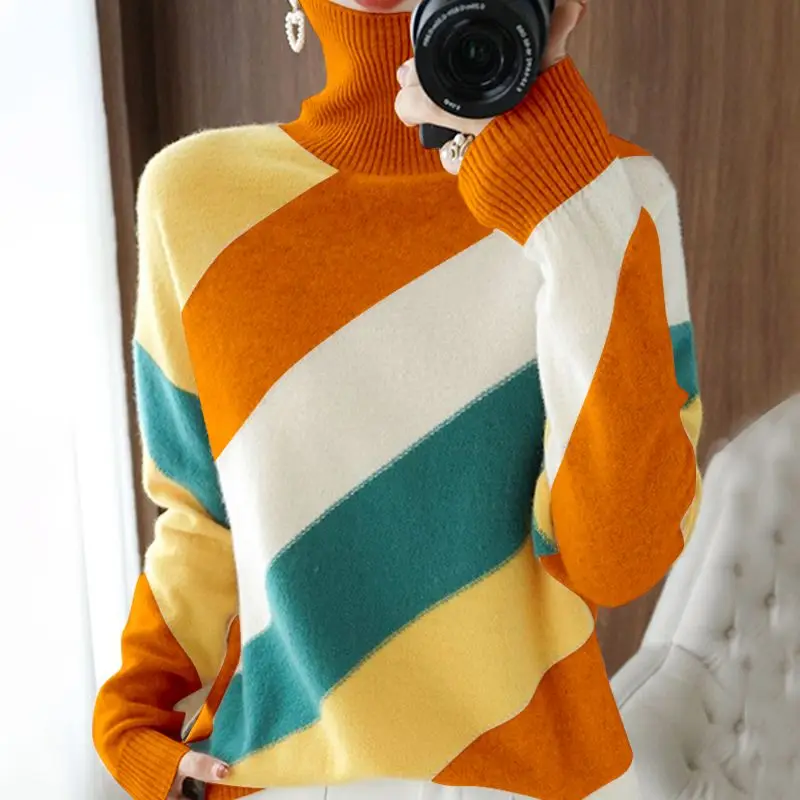 Autumn Winter New Turtleneck Long Sleeve Fashion Sweater Women High Street Contrast Color Pullovers Casual Elegant All-match Top