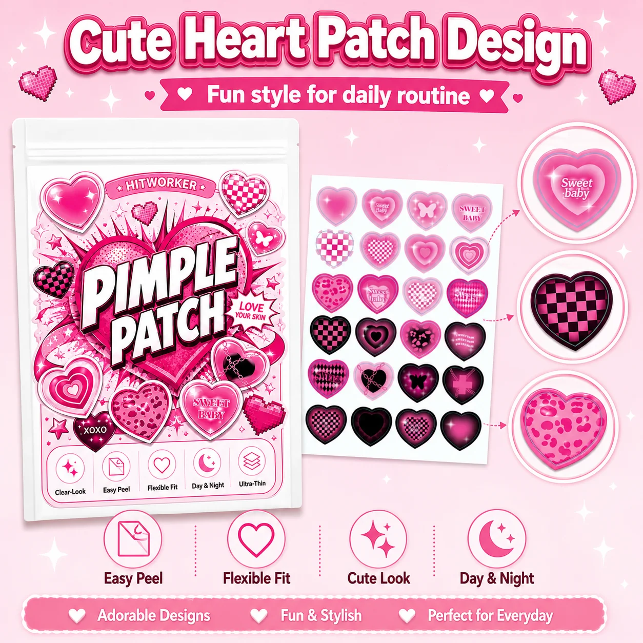 HITWORKER 240/120 Acne Patch |   Colloidal Heart Acne Patch |   Effectively absorbs acne secretions and gently cleanses