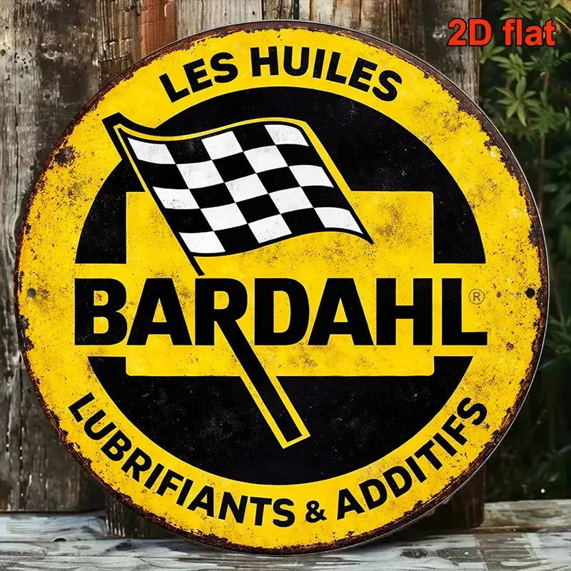 2D Flat 1pc 8 X 8In/20 X 20Cm Round Iron Sign, Vintage Racing Flag And Lubricant Decor Plaque, Bardahl Oil And Additive Decorati
