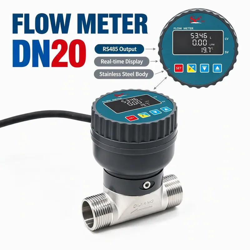 DN20 Paddle Wheel Turbine Flow Sensor ZJSUS-LCD Display Flow Meter with Pulse+RS485 Signal Thread Connection 3/4 Inch
