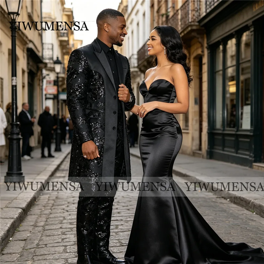 

Sparkly Suits Men For Wedding Sequin Lace Prom Blazer Customized 2 Piece Sets Long Jacket Pants Slim Fit Groom Tuxedos Outfits
