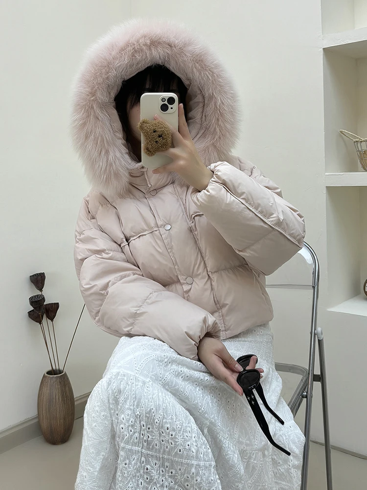 Unten Jacke Frauen Winter Mode Weiße Ente Unten Jacken Weibliche Echte Große Pelz Kragen Mit Kapuze Mäntel Damen Kurze Lose Mäntel