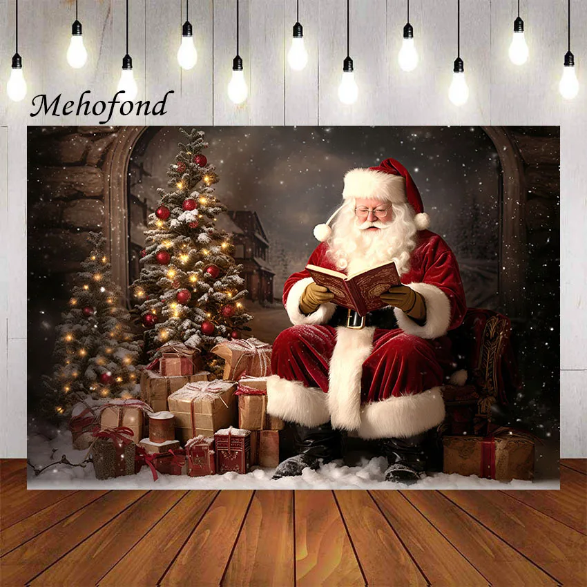 Mehofond Photography Background Christmas Santa Claus Winter Snow Xmas Tree Gift Kid Family Portrait Decor Backdrop Photo Studio