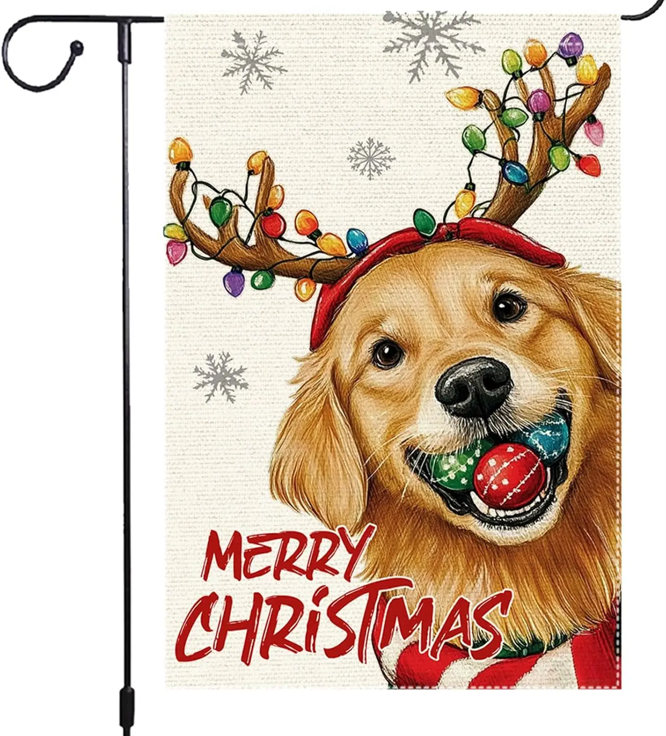 Christmas Garden Flag 12x18 Inch Double Sided Small Burlap Holiday Decor with Cute Golden Retriever Wearing Reindeer Antlers LLG