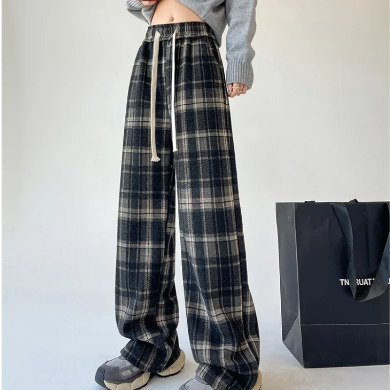 Retro Plaid Straight-Leg Pants Female Autumn Winter Woolen High Waist Loose Trousers Lazy Casual Narrow Version Pants Mujer 2024