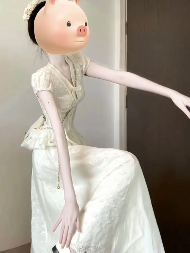 

Elegant V-neck Embroidered Top And Skirt Set Summer 2025 Cotton Short Sleeve French Style Casual Wear for Young Women