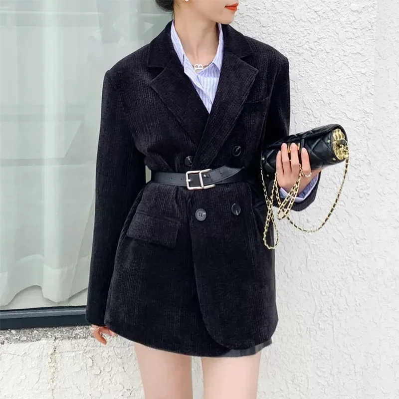 MEXZT Vintage Corduroy Blazer Women Double Breasted Black Suit Jacket Korean Elegant Casual Coat Streetwear All Match Outerwear