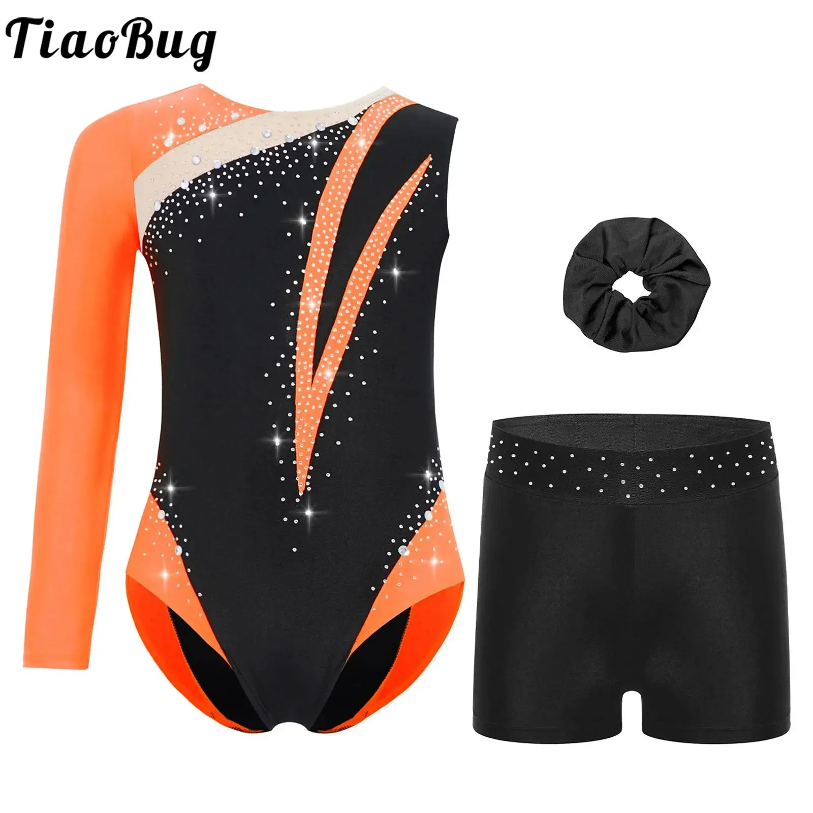 

Girls Figure Skating Rhythmic Dance Outfit Gymnastics Costume Kids Rhinestones Color Block Leotard with Shorts and Headwear Set