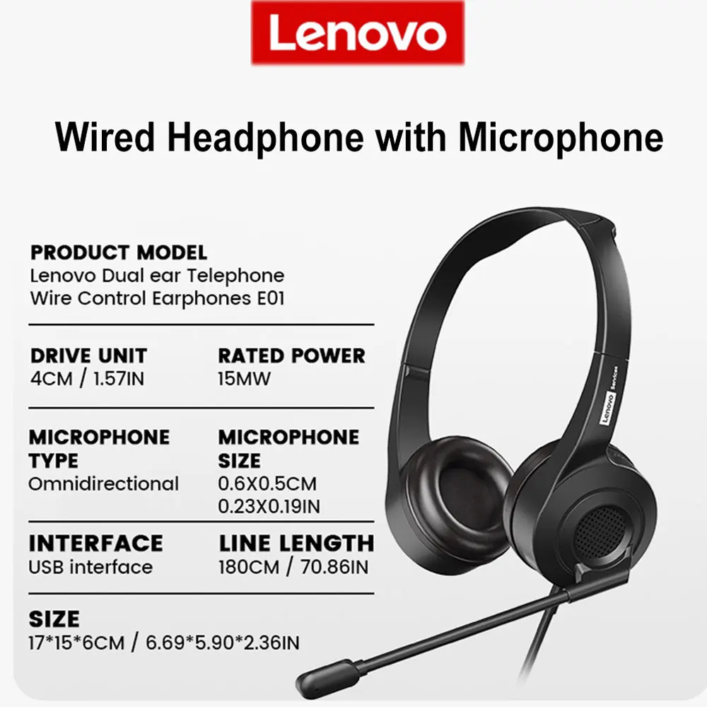 Lenovo E01/E06 Wired Headphone W/ Rotatable HD Microphone 3.5mm/USB Control Switch Office Business Headset For Laptop Desktop