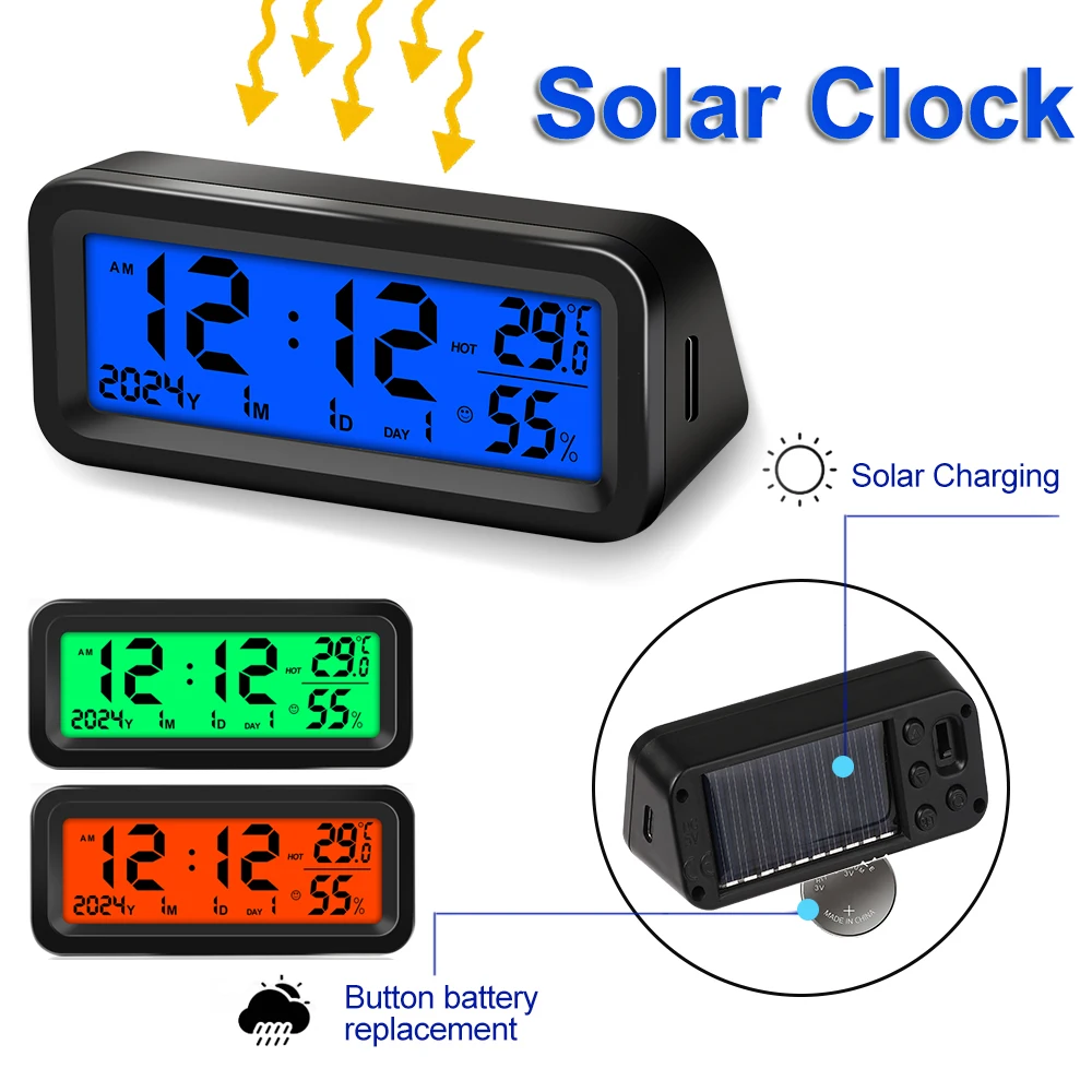 Solar Car Clock Date Week Temperature Humidity LCD Backlit Display for Dashboard Digital Clock Internal Stick-On with Luminous