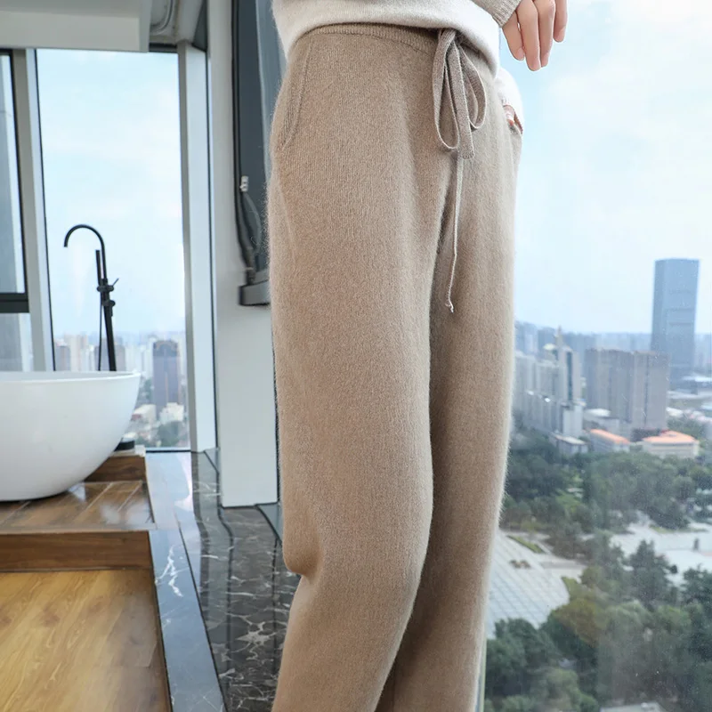 Autumn and winter new 100% mink cashmere women's leg pants draw rope fashion loose warm knit casual straight leg pants