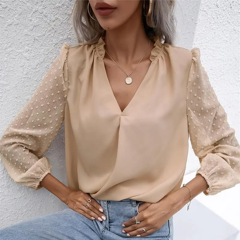 

202 Long Street Sle Blouse Women Casual Top Ladies Loose Bubble Sve V-Ne Pure Color Straight Cut irt