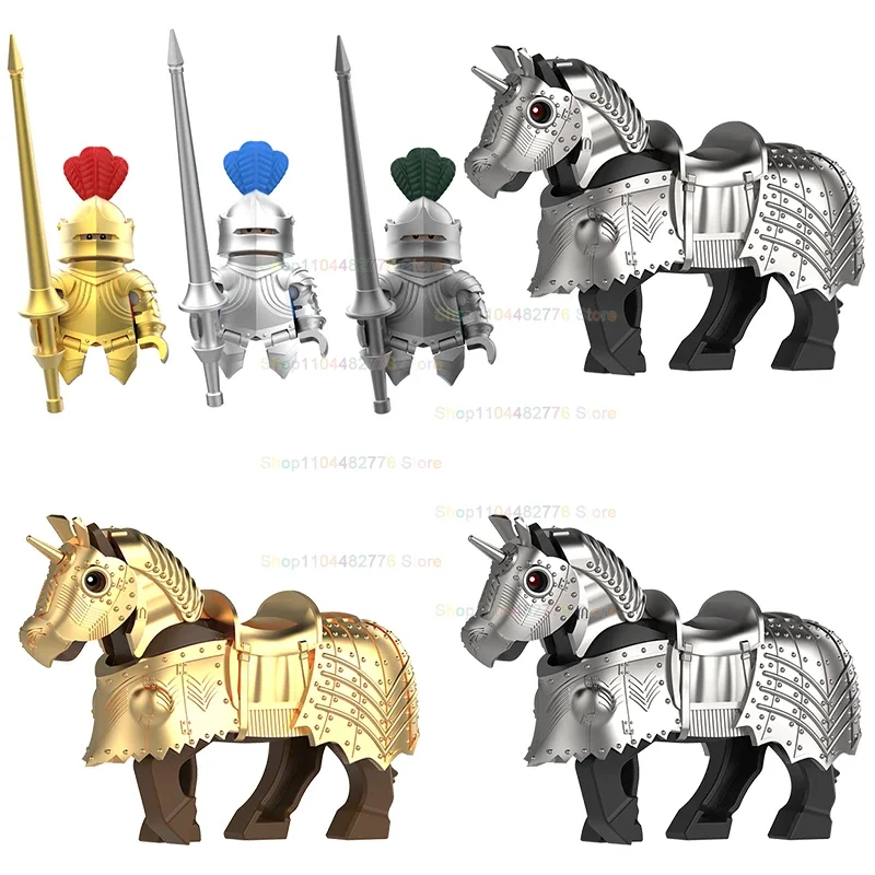 Armure lourde argent cheval de guerre, accessoires bloc de construction, figurines d'armure d'action, armure d'épée, jouets DIY pour enfants, cadeaux