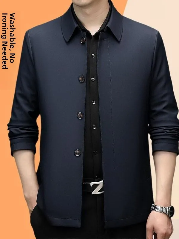Men's Button-Up Collar Silk Jaet Spring Autumn No Ironing Required Dad Clothes Casual Thin Outerwear Stand Fit Long Sve