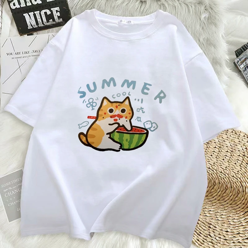 Funny Eating Melons Oranges Cats Catsprinted Mans T-Shirt Fitting Cool T Shirts Leisure Oversized Tee Shirt Pleasure Y2K Tops