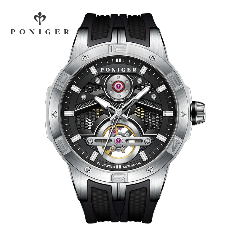 PONIGER Design Sapphire Crystal Glass Men's Gift Watches 42mm Hollow Out Waterproof Automatic Mechanical Watch