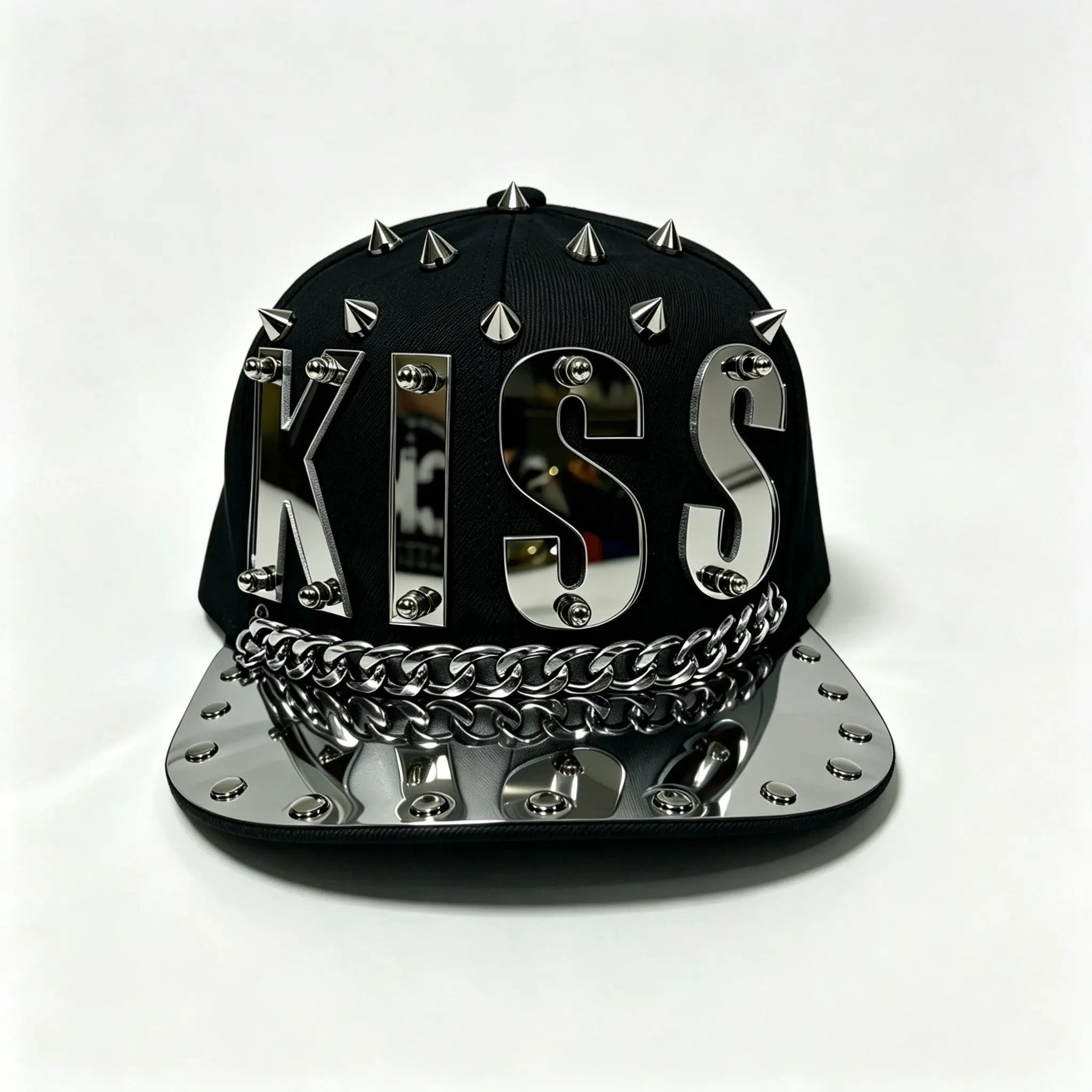 European and American Street Fashion, Stylish and Unique, Handmade Heavy-Duty Rivet Sewing, Metal Chain, Mirror Surface, Letter Decoration, Rock Nightclub Performance, Flat-Brimmed Hip-Hop Hat