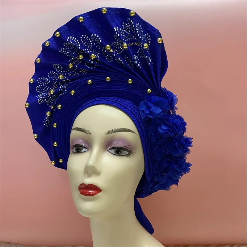 African Nigerian gel headgear with stone bead already made auto turban afro aso ebi gel aso oke wide br im headgear 9L032801