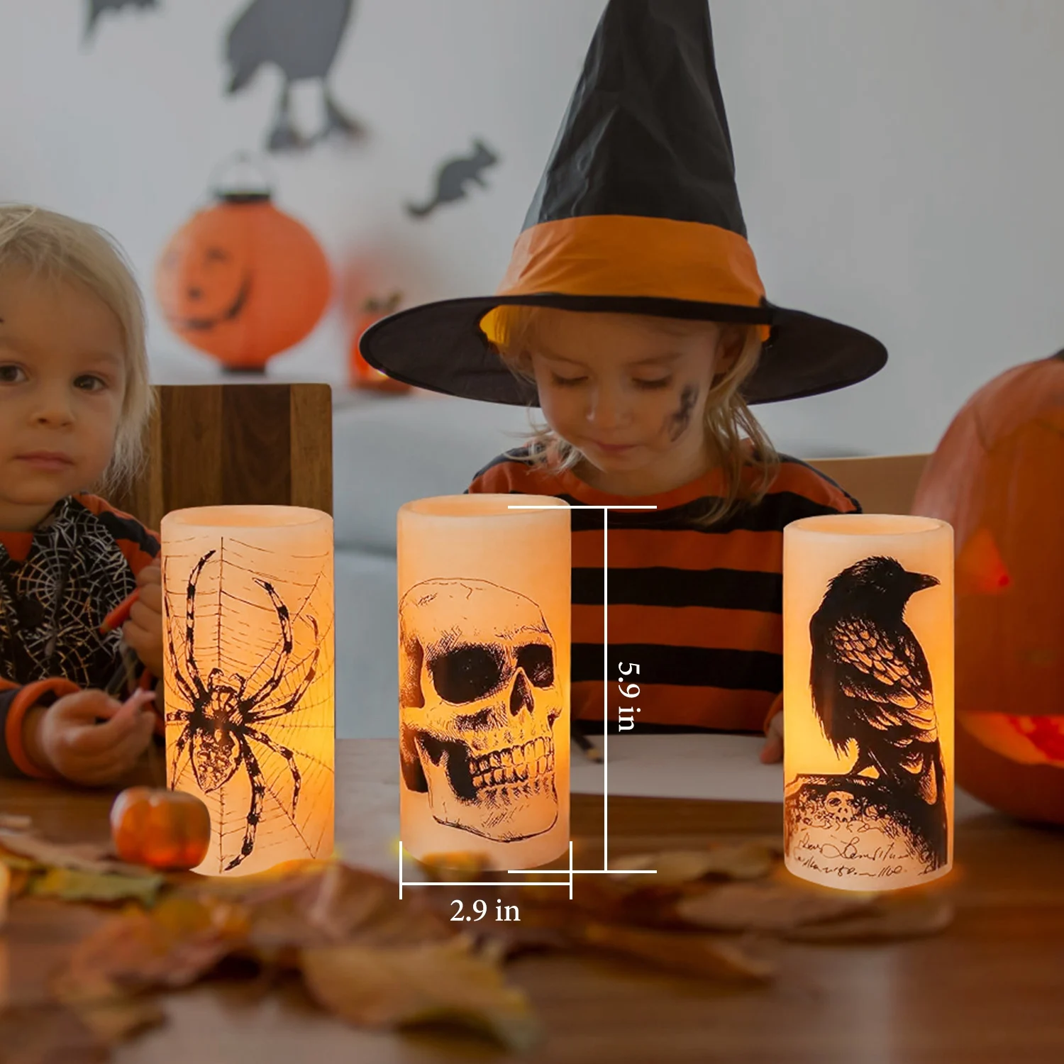 

Halloween Flameless Candles Battery Powered with Timer - 3 Pack Spider Crow Skull Witch Bat Castle Pumpkin Patterns for Hallowee