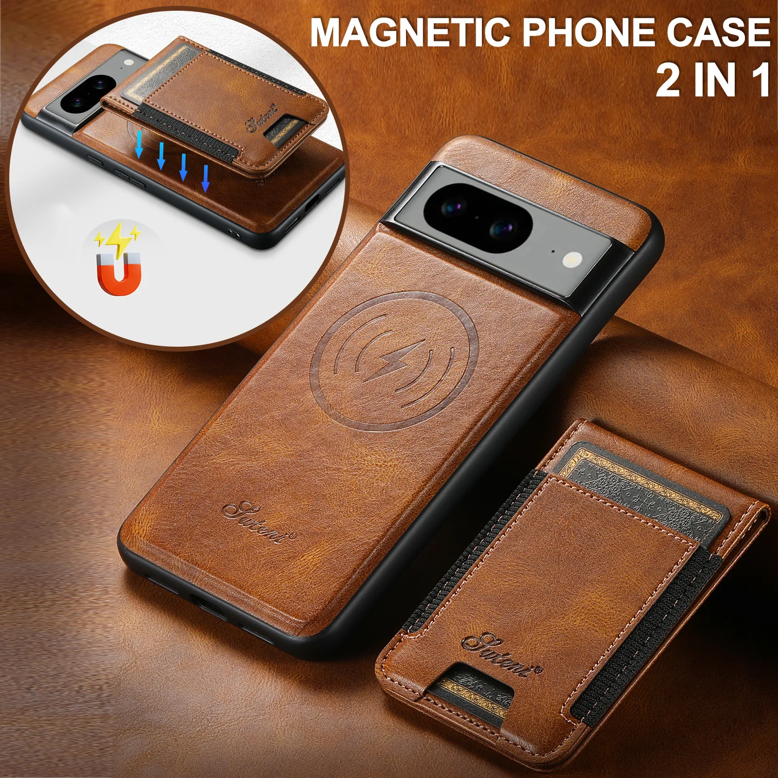 

Чехол для телефона Google Pixel 9 Pro XL Pixel 8 Pro 8A 7 7A 6 6A Кожаный кошелек-держатель для карт 2-в-1 Магнитный чехол с беспроводной зарядкой