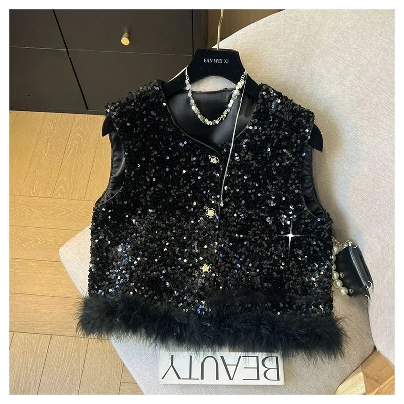 New Chinese style heavy industry sequined vest, women's 2024 autumn new retro shoulder top  knit vest  chaleco mujer