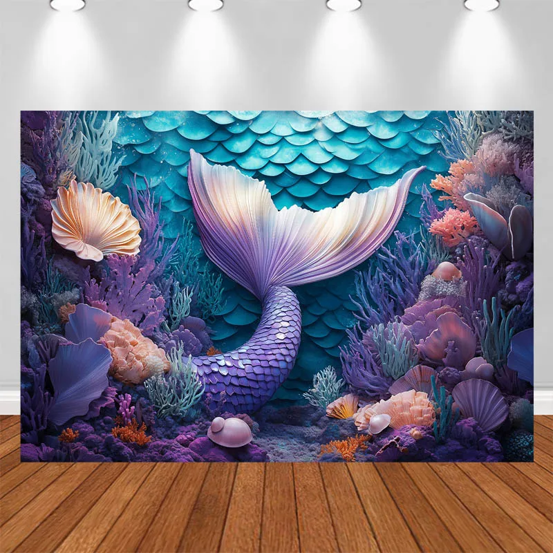 \LS Photography Background Mermaid Theme Underwater World Shell Decor Cake Smash Baby Shower Kids Portrait Photo Backdrop Studio