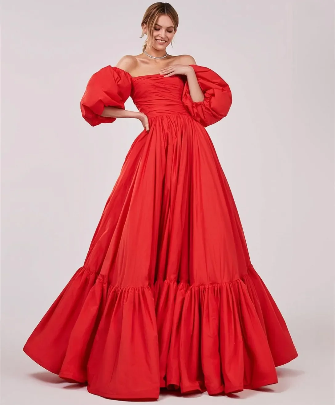 Classy Long Red Evening Dresses with Removable Sleeves A-Line Strapless Pleated Prom Dress Floor Length Party Dresses for Women