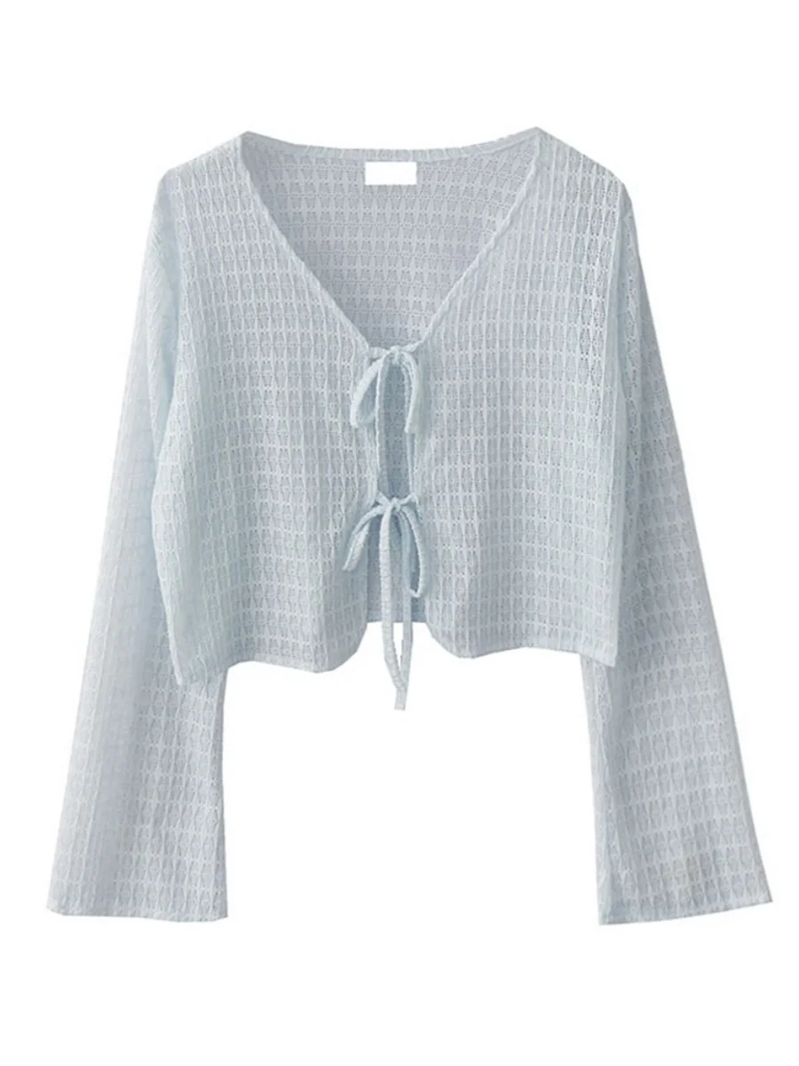 

Lace Open Cardigan Summer Thin Short Outerwear Women's Style Ice Silk Sun Protection Clothes V-neck Short Sleeve Long Sleeve
