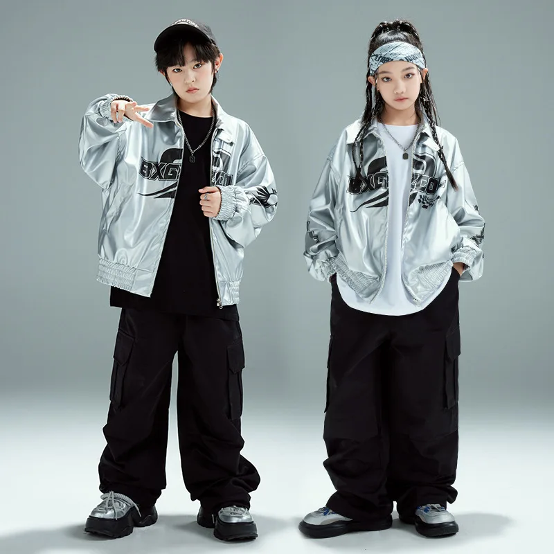Mädchen Hip Hop Tanzen Performance Outfits Jungen Silber Jacke Street Wear Kpop Show Sets Gruppe Jazz Dance Kostüme Mantel Hosen