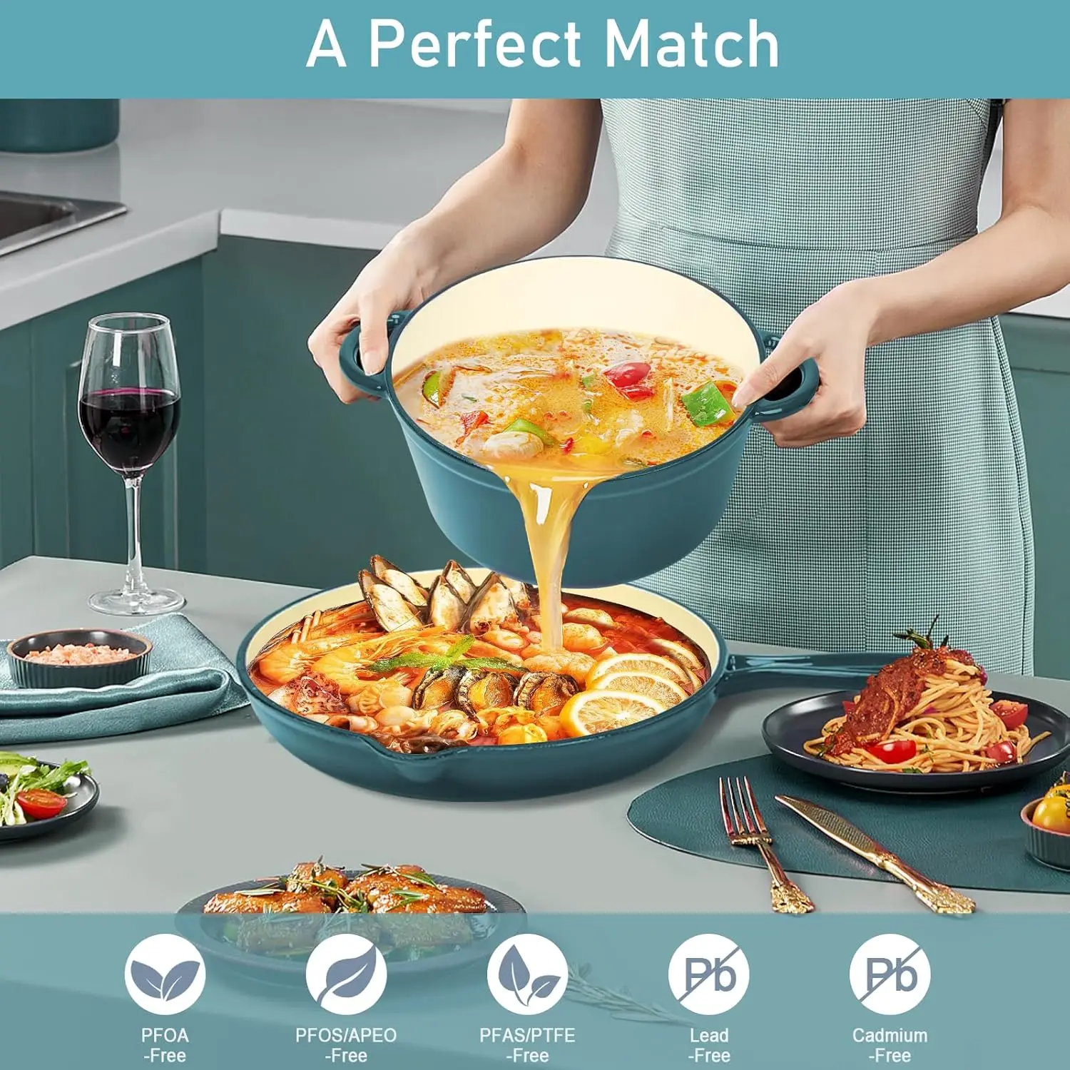 Enameled Cast Iron Dutch Oven- 9 Pieces Nonstick Cookware for Braising, Stews, Roasting, Bread Baking, Cooking Pot Oven Safe & C