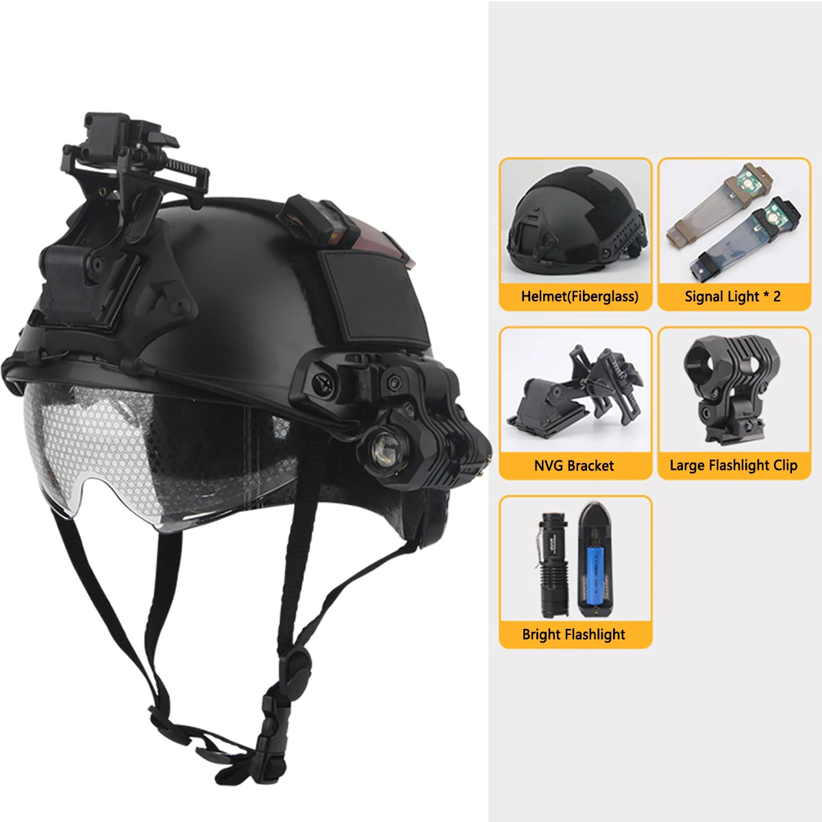 FAST Tactical Fiberglass Helmet Set with NVG Mount & Flashlight & Flashlight & Flashlight Clip For Airsoft Paintball Hunting Etc