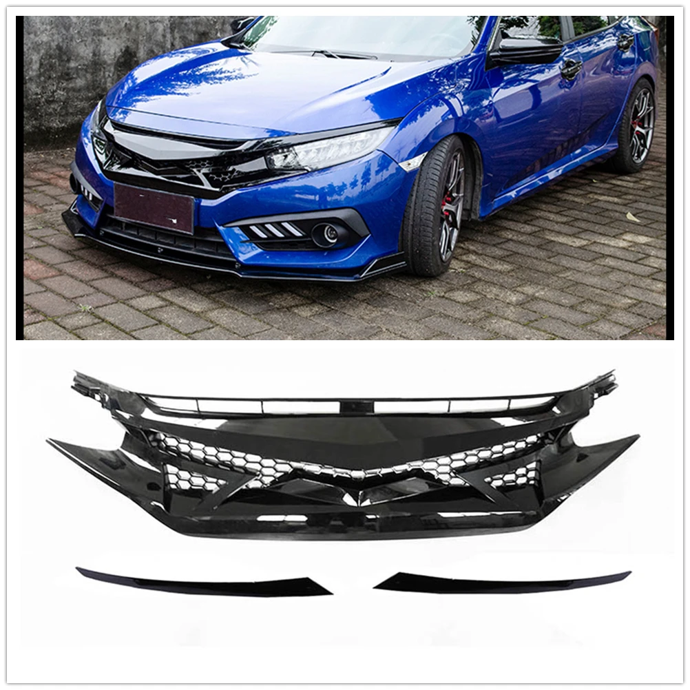 Front Grille For Honda Civic 10th Gen 2016-2018 Si Hatchback Type R Models 2019-2021 Car Upper Bumper Hood Mesh Grid