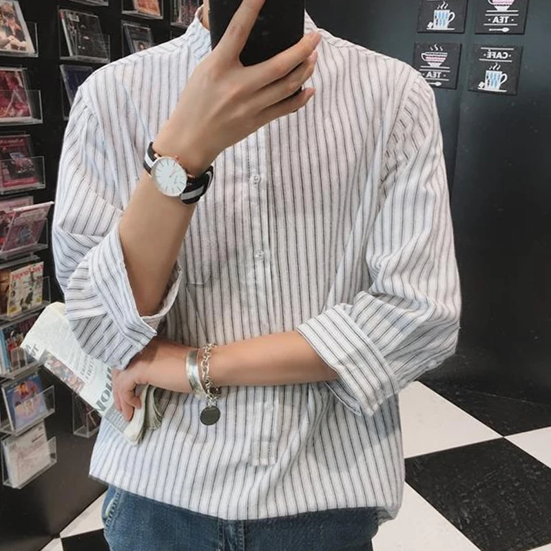 2023 Men's Clothing Loose Spring Summer Thin Simplicity Striped Three Quarter Sleeve Button Stand Collar Fashion Casual Shirts